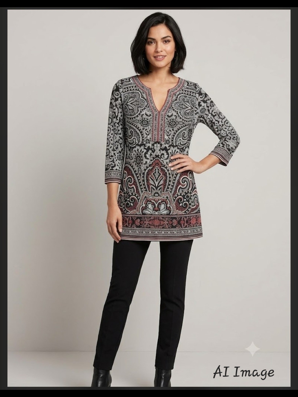White House Black Market Paisley Border Print Jersey Tunic